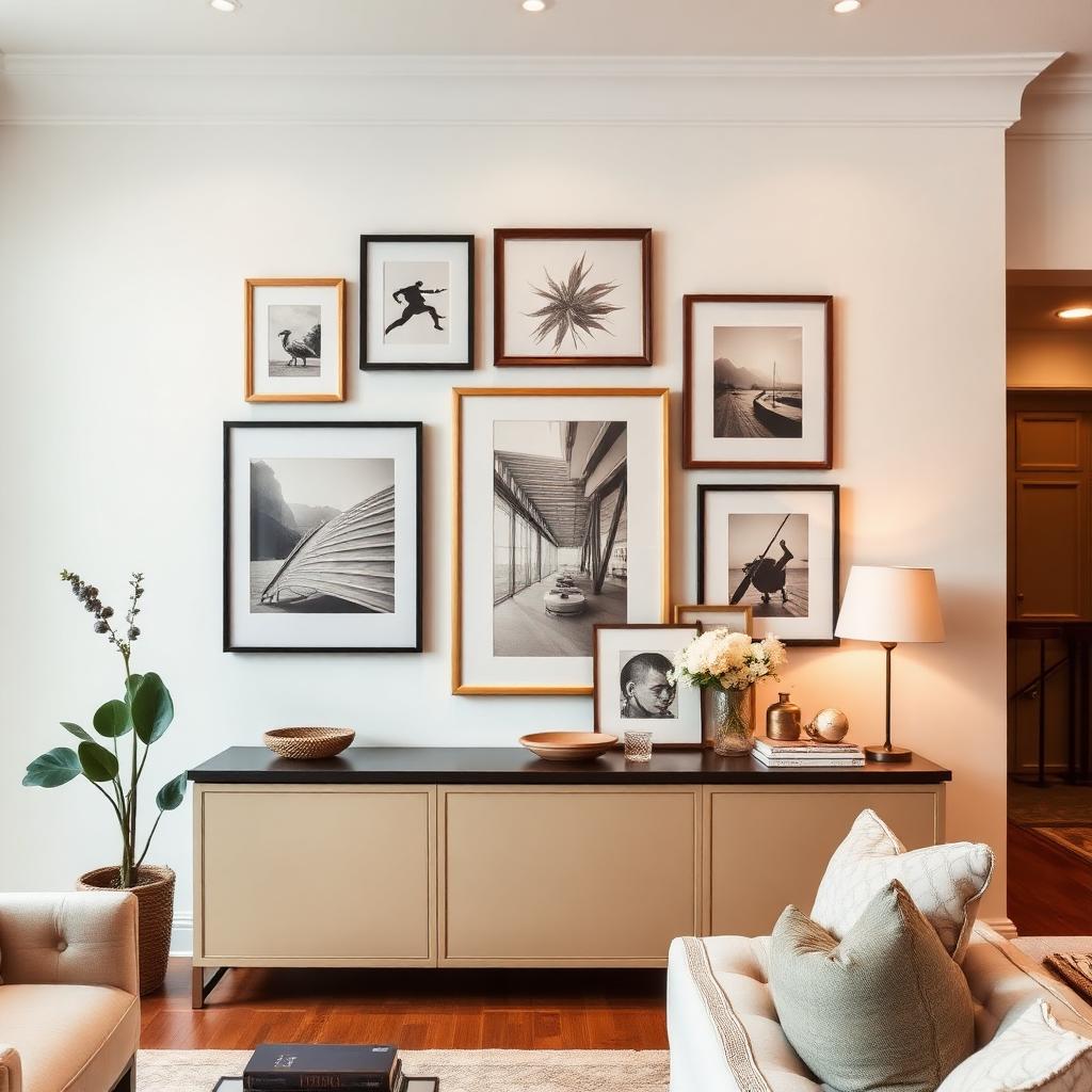 A curated gallery wall above a console table in a warmly lit living room