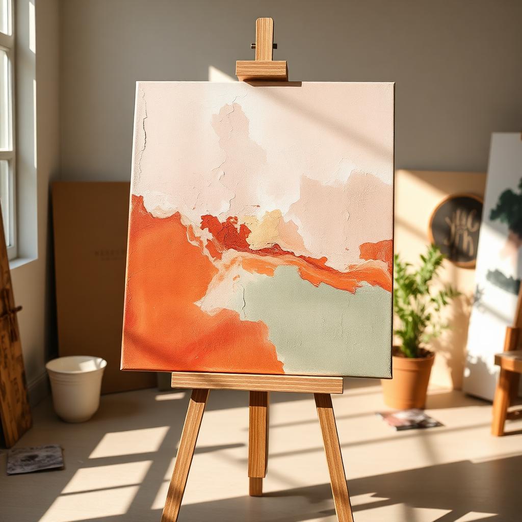 Custom abstract painting on an easel in a sunlit studio