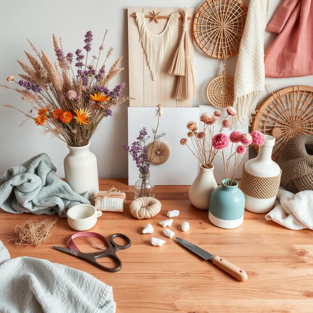 A creative DIY craft workspace with dried flowers, fabric, and handmade decor